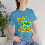 Neon orange and electric green pickleball rally graphic T-shirt by Printify, featuring vibrant court design on soft cotton fabric.