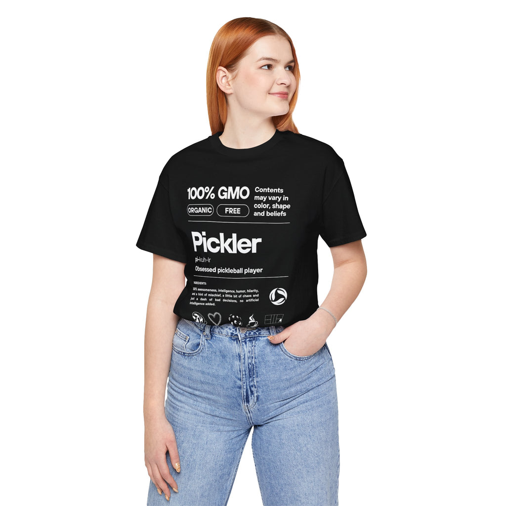 Women's Pickler Funny Definitions T-Shirt with white text, lightweight activewear perfect for pickleball enthusiasts.
