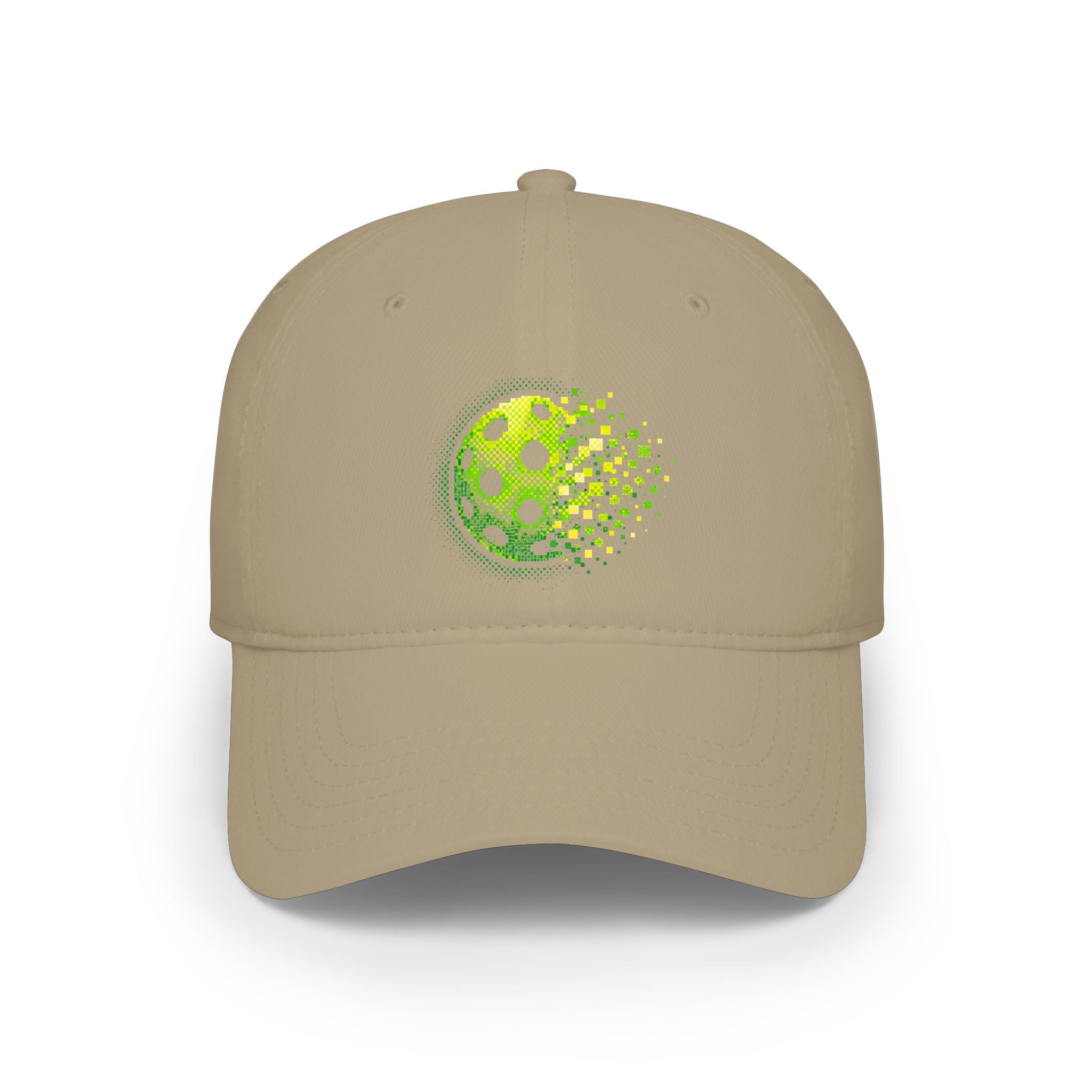Pixelated Pickleball Cap in neon green, low profile cotton baseball hat by Printify, featuring a bold pixelated pickleball graphic.