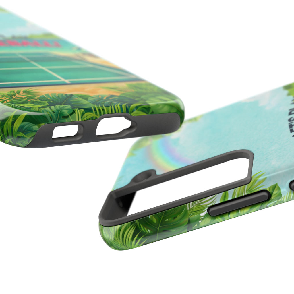 Let's Play Pickleball tropical tough phone case by Printify, featuring vibrant beach court design for iPhone and Samsung devices.