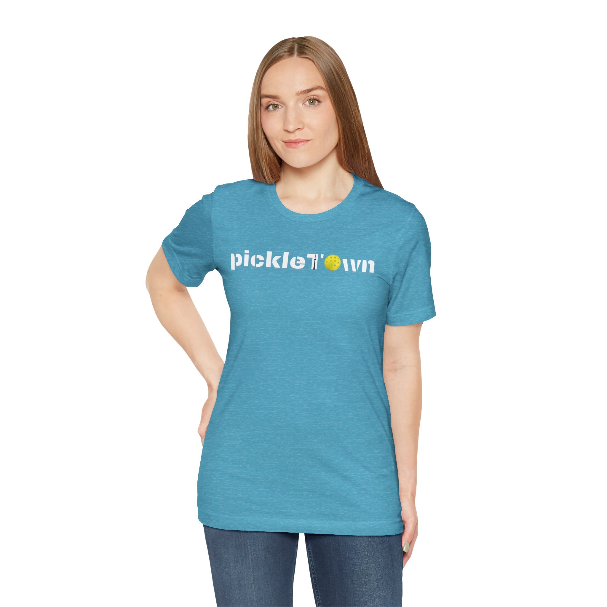 Toronto PickleTOwn T-Shirt featuring CN Tower and Pickleball ‘O’, casual graphic tee from Printify showcasing vibrant design.
