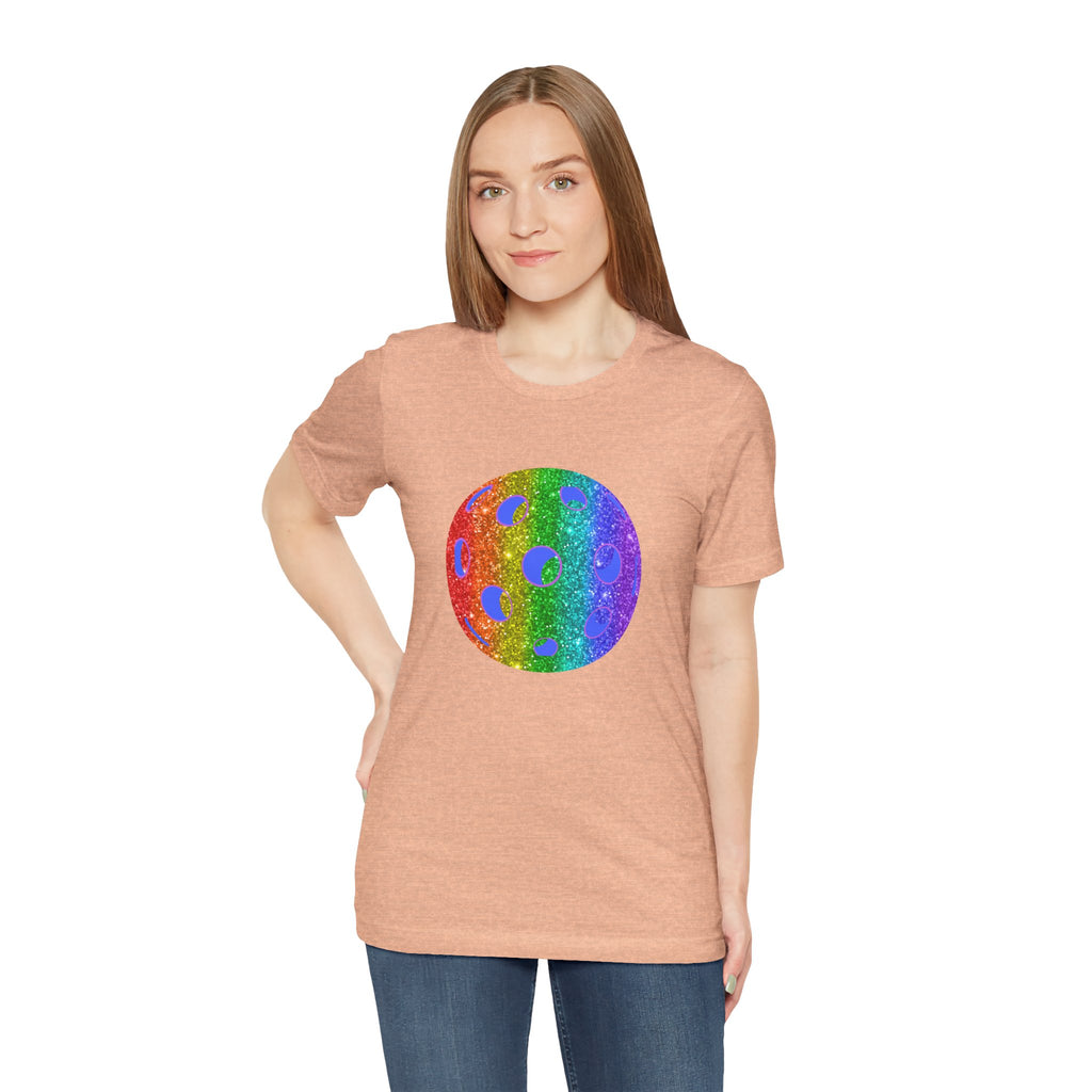 Rainbow glitter pickleball pride T-shirt by Printify featuring colorful sparkle design and bold "Loud and Proud" text.