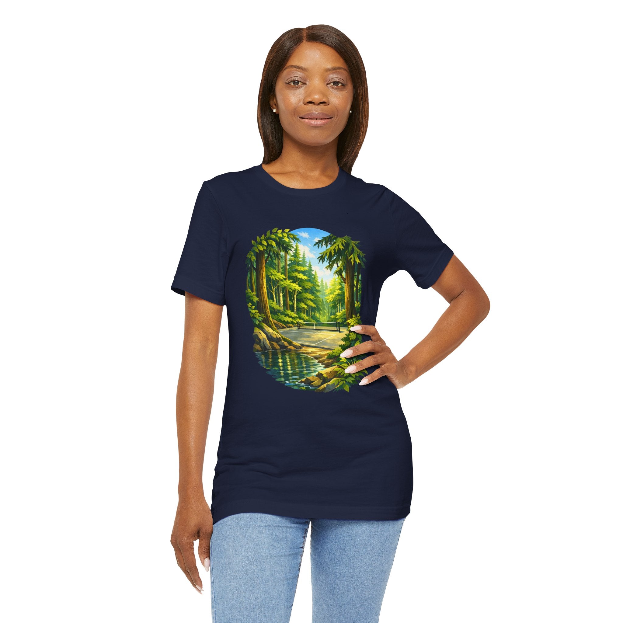 Unisex Hidden Forest Pickleball T-Shirt with Bainbridge Island tribute design, featuring nature-inspired artwork on a comfortable cotton tee.