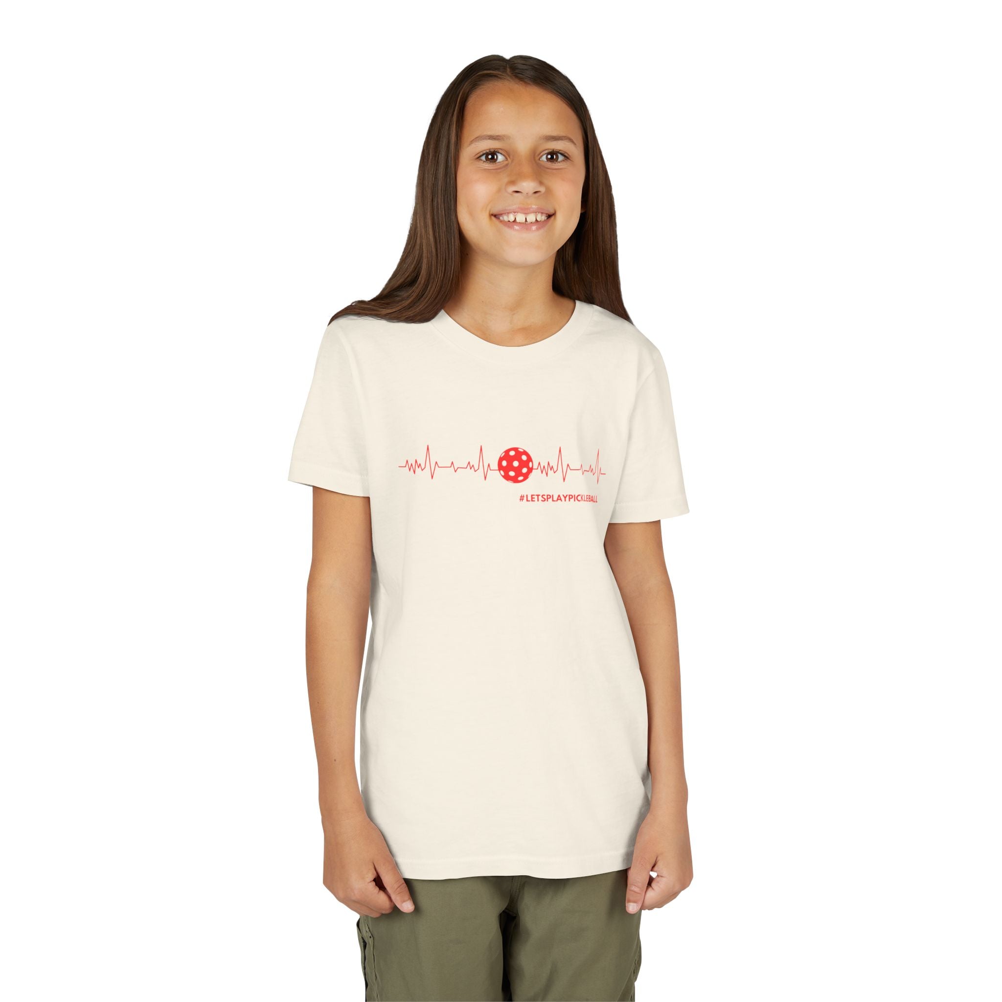 Kids' Youth Pickleball T-shirt with heartbeat and LET'S PLAY PICKLEBALL print, made by Printify, featuring vibrant colorful design.