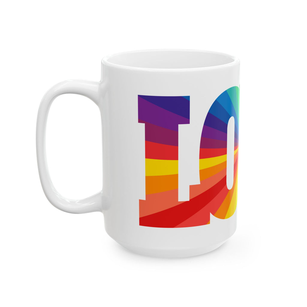 LOVE Rainbow Pride Ceramic Mug - Colorful LGBTQ+ Coffee Cup - Product Photo - PeaMacTees