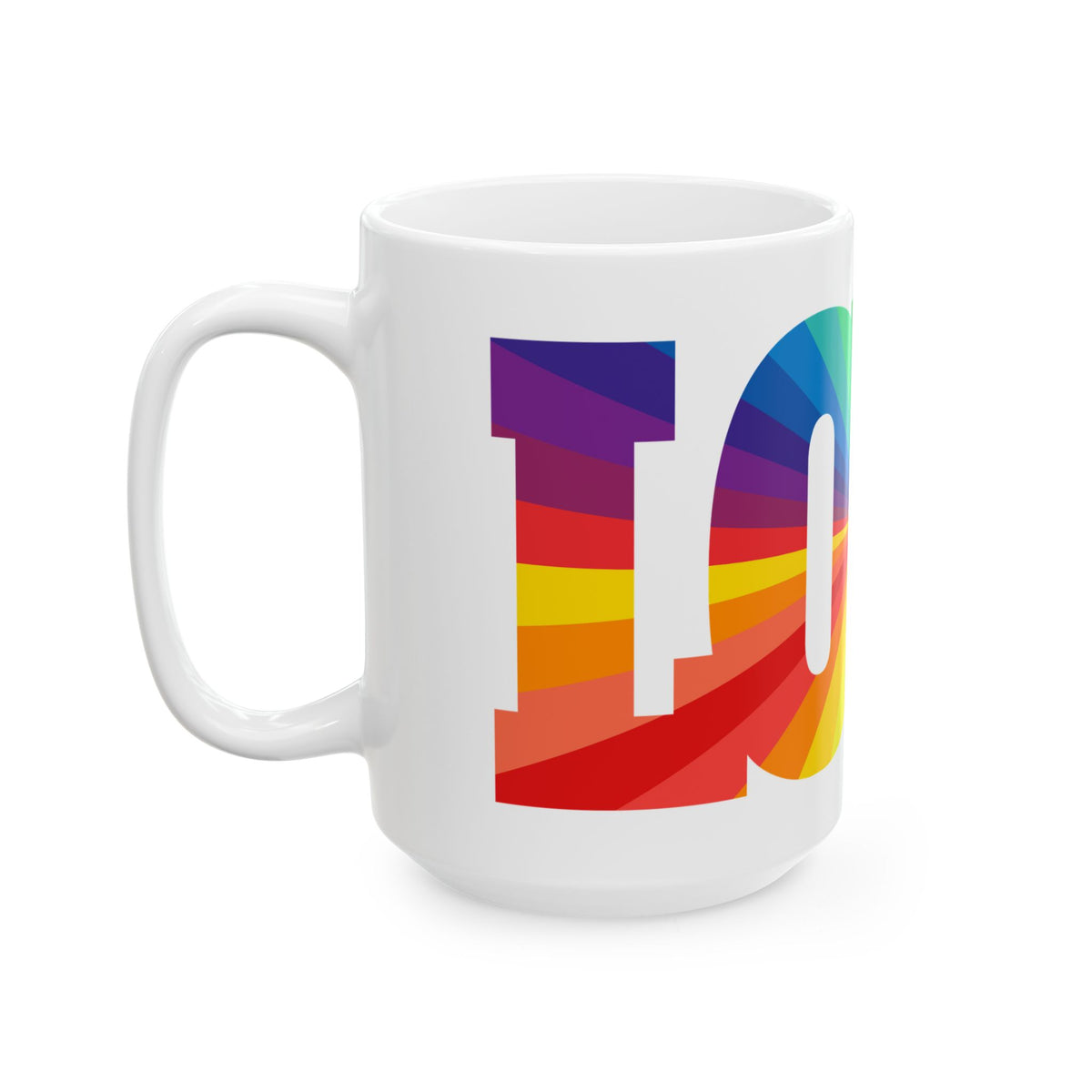LOVE Rainbow Pride Ceramic Mug - Colorful LGBTQ+ Coffee Cup - Product Photo - PeaMacTees
