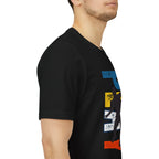 Men's Retro Pickleball Action T-Shirt with dynamic front silhouette and vertical "PICKLEBALL" text on the back, by Printify.