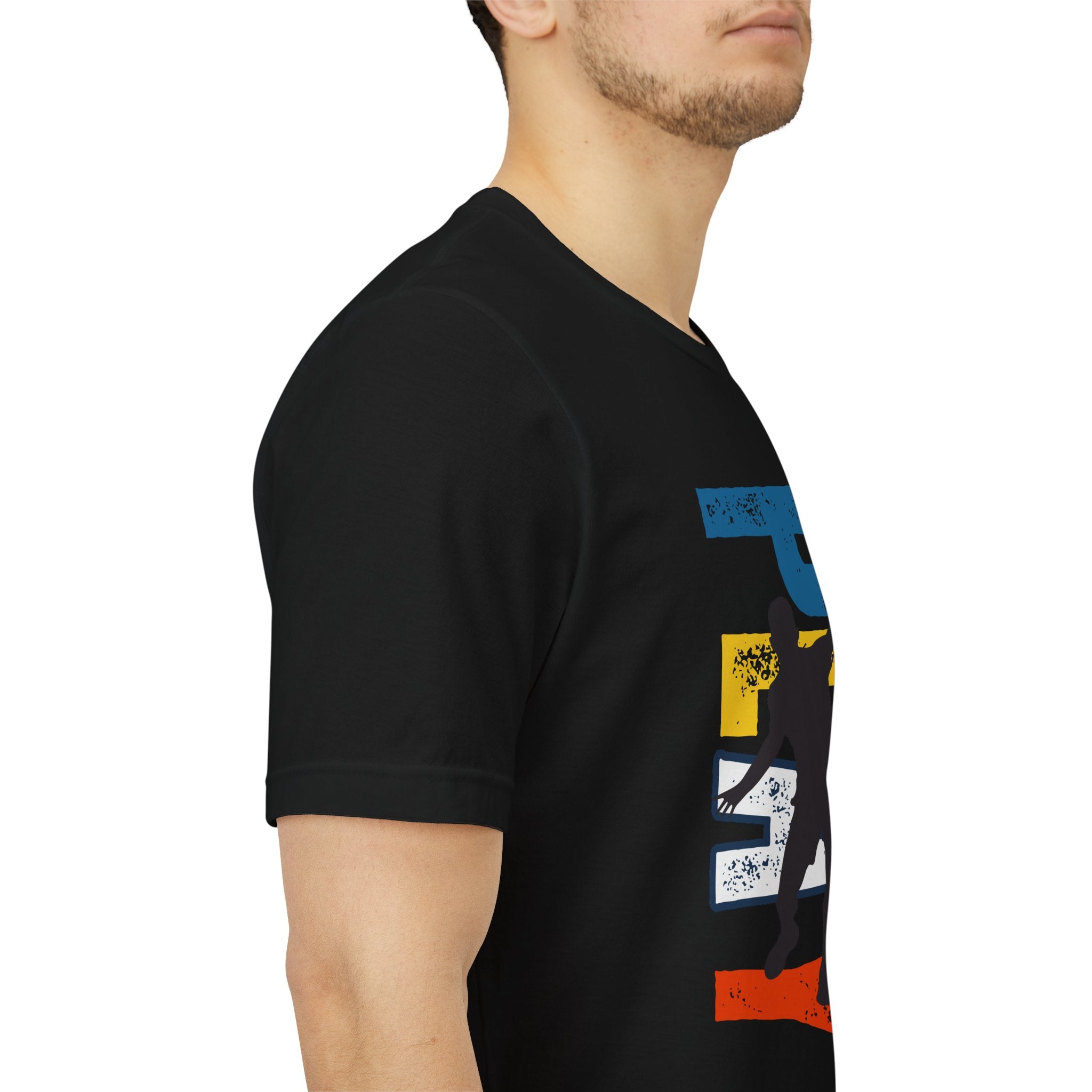 Men's Retro Pickleball Action T-Shirt with dynamic front silhouette and vertical "PICKLEBALL" text on the back, by Printify.