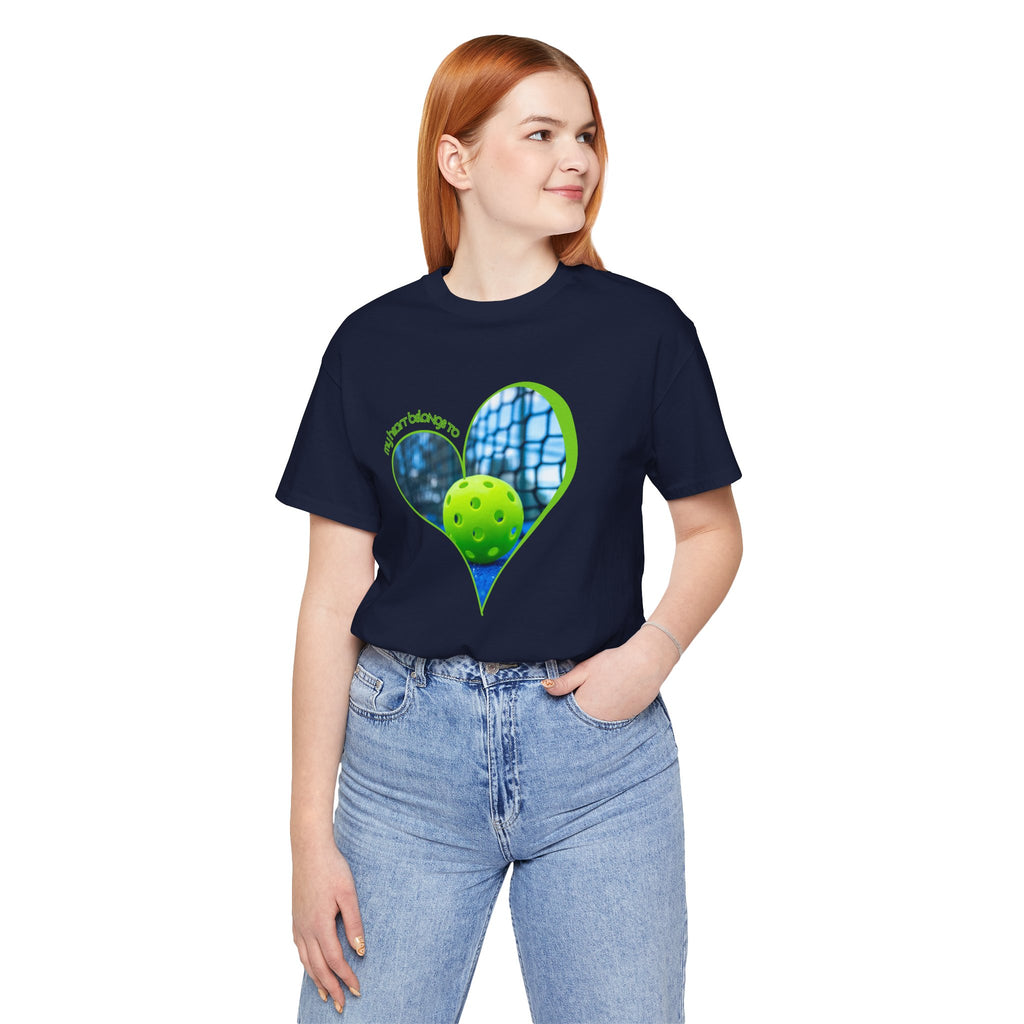 White pickleball T-shirt with "My Heart Belongs to Pickleball" print, casual fit, unisex design for players and fans.