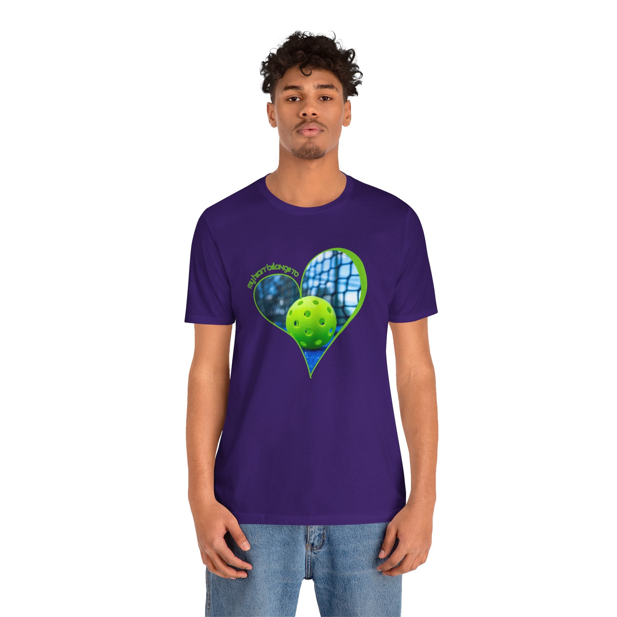 White pickleball t-shirt with "My Heart Belongs to Pickleball" slogan for players and fans, by Printify.