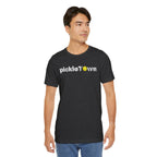 Toronto PickleTOwn T-Shirt featuring CN Tower and Pickleball 'O' design, casual wear from Printify.
