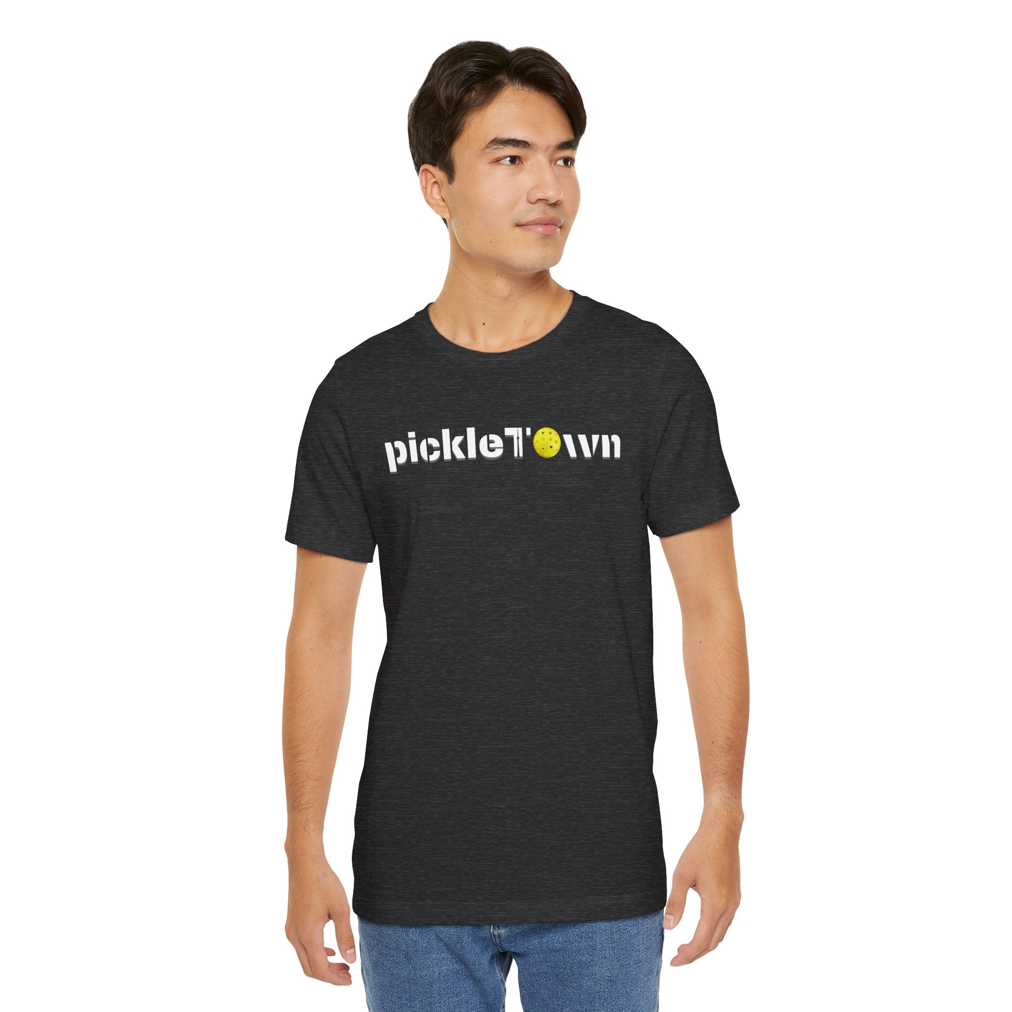 Toronto PickleTOwn T-Shirt featuring CN Tower and Pickleball 'O' design, casual wear from Printify.