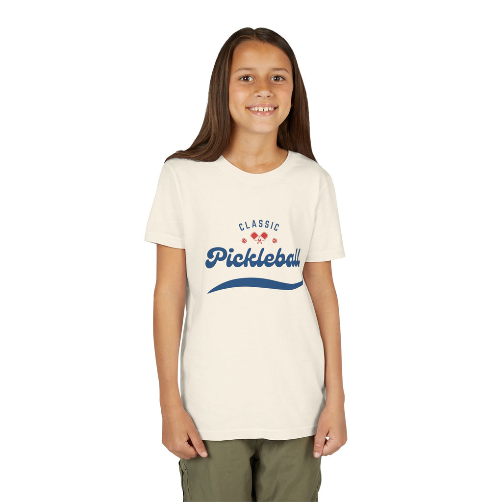 Youth retro classic pickleball T-shirt by Printify, featuring kids' sports tee for boys and girls with colorful athletic design.