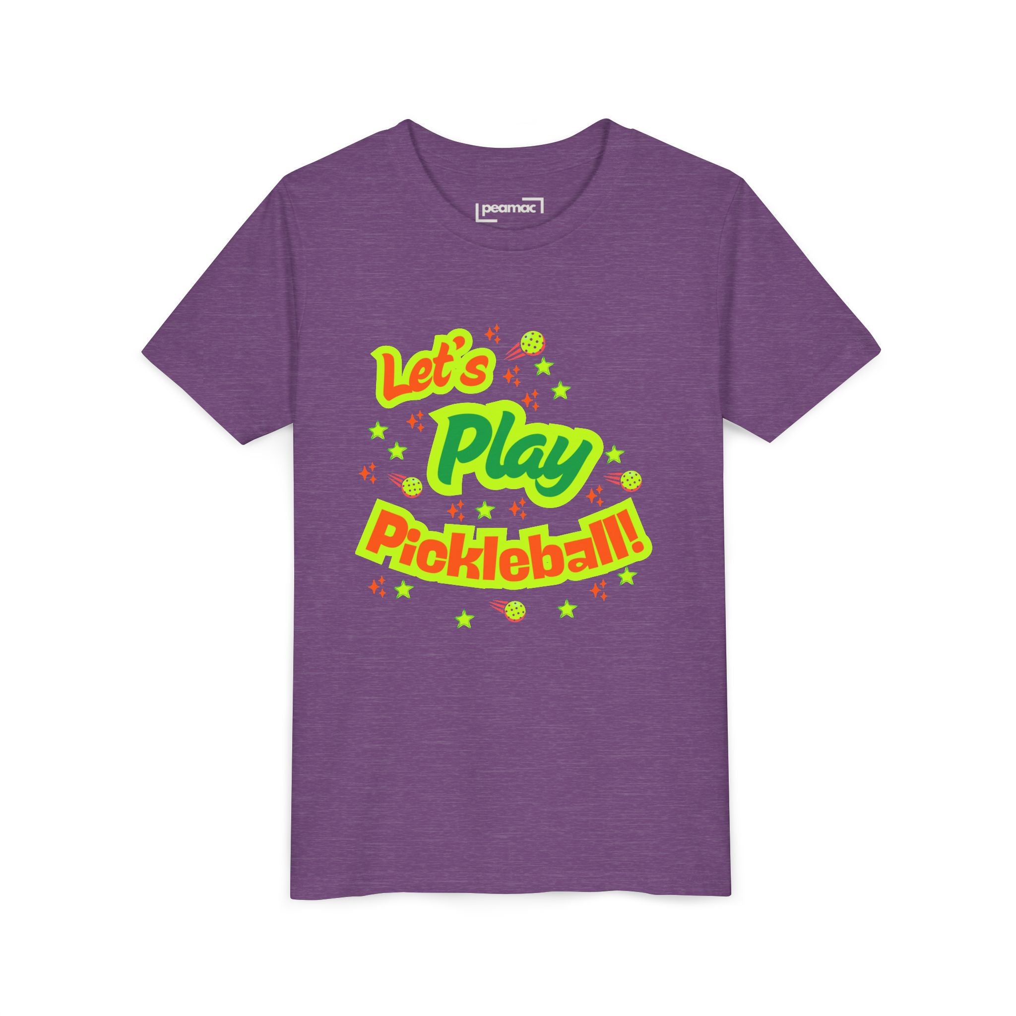 Kids' neon pickleball graphic tee from Printify featuring colorful pickleball design for youth play and casual wear.