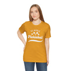Classic pickleball T-shirt with "Pickleball" script design, comfortable cotton casual tee for pickleball players and enthusiasts.