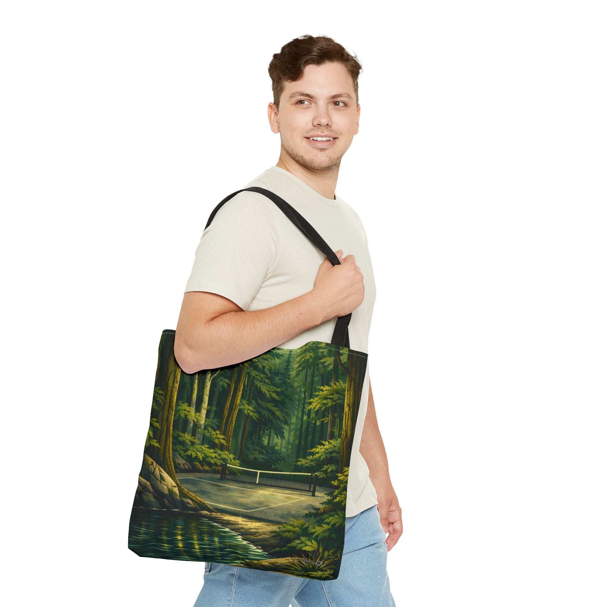 Hidden Pickleball Court on a Forest Path Large Tote Bag — Scenic Woodland Landscape All-Over Print