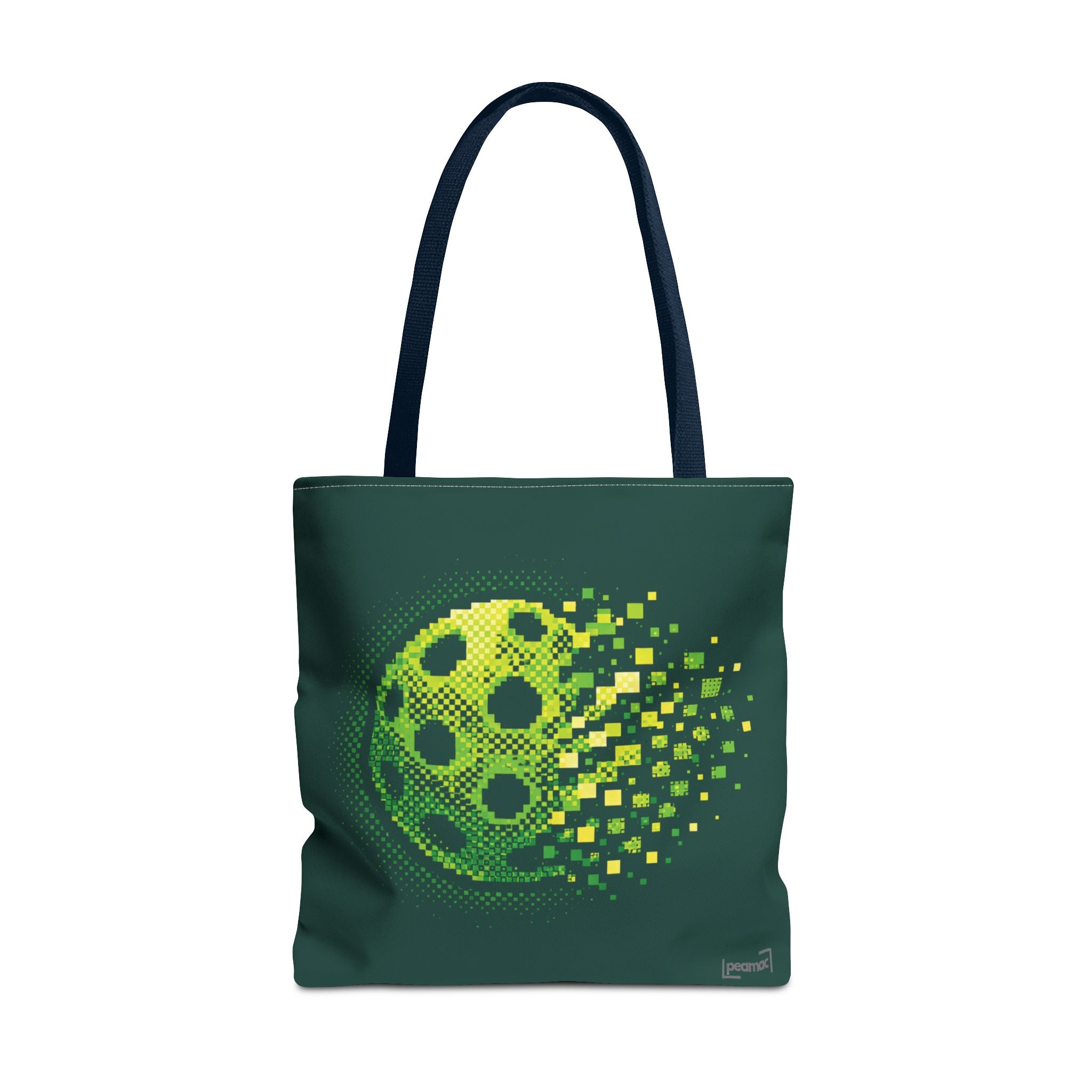 Green Pixelated Pickleball Tote Bag with digital smash design, 18x18 inches, stylish bag for sports and casual use.