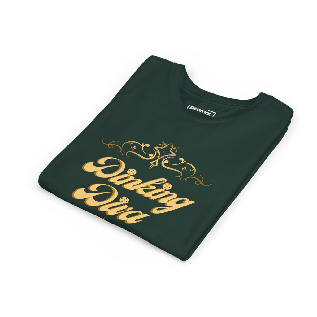 Youth Dinking Diva T-shirt with gold filigree pickleball graphic, kids' casual tee by Printify, showing front view with vibrant design