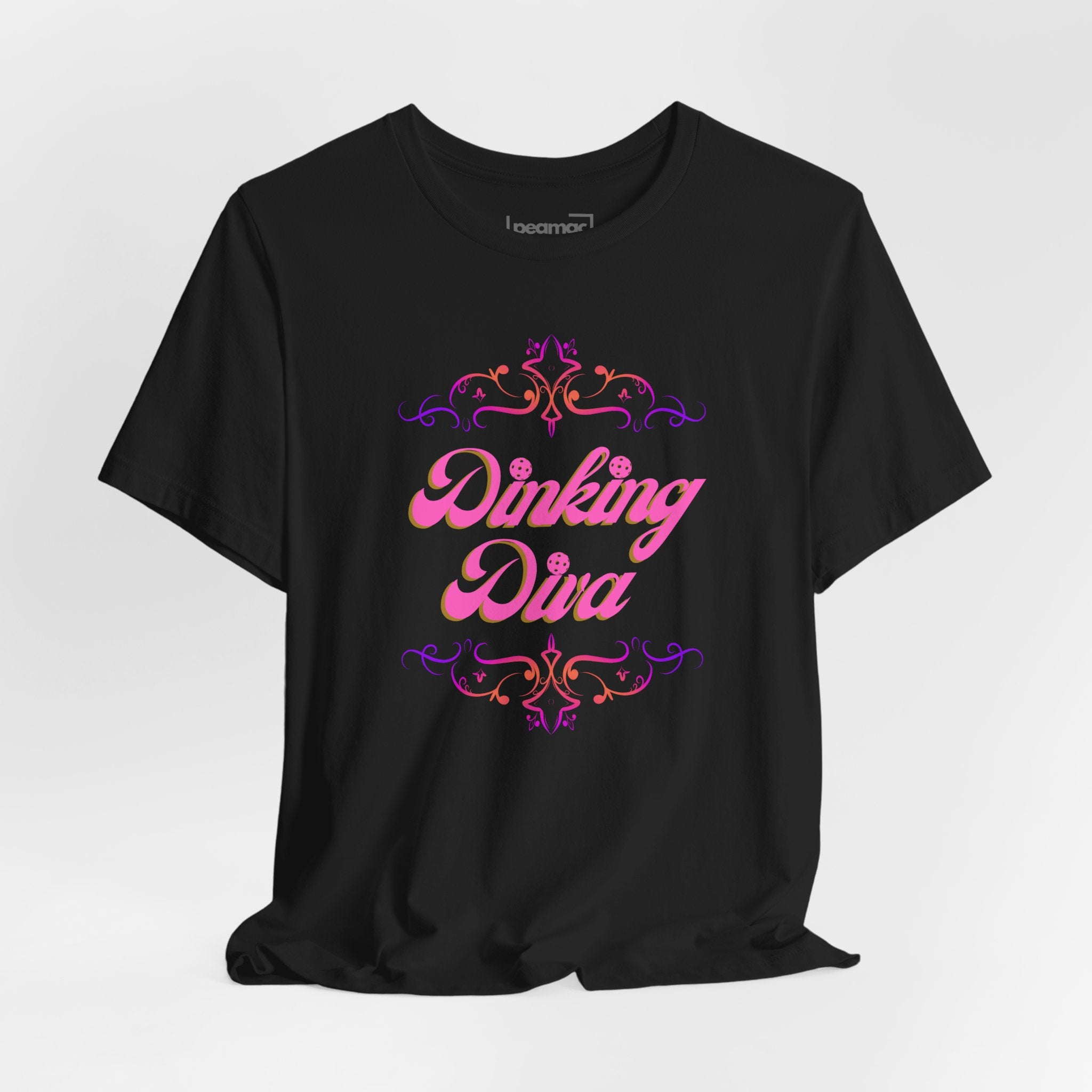 Pink Dinking Diva Pickleball T-Shirt with filigree athletic design, casual fit, and comfortable fabric by Printify.