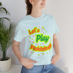 Neon orange and electric green pickleball rally tee with court graphic, Printify T-shirt designed for active sports enthusiasts.