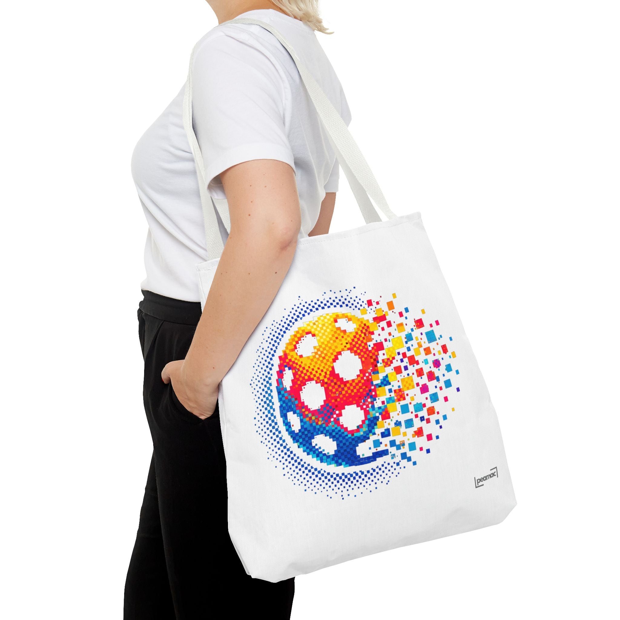 Printify Matrix Burst Pickleball tote bag featuring a retro digital pickleball design, large bag for sports and everyday use.