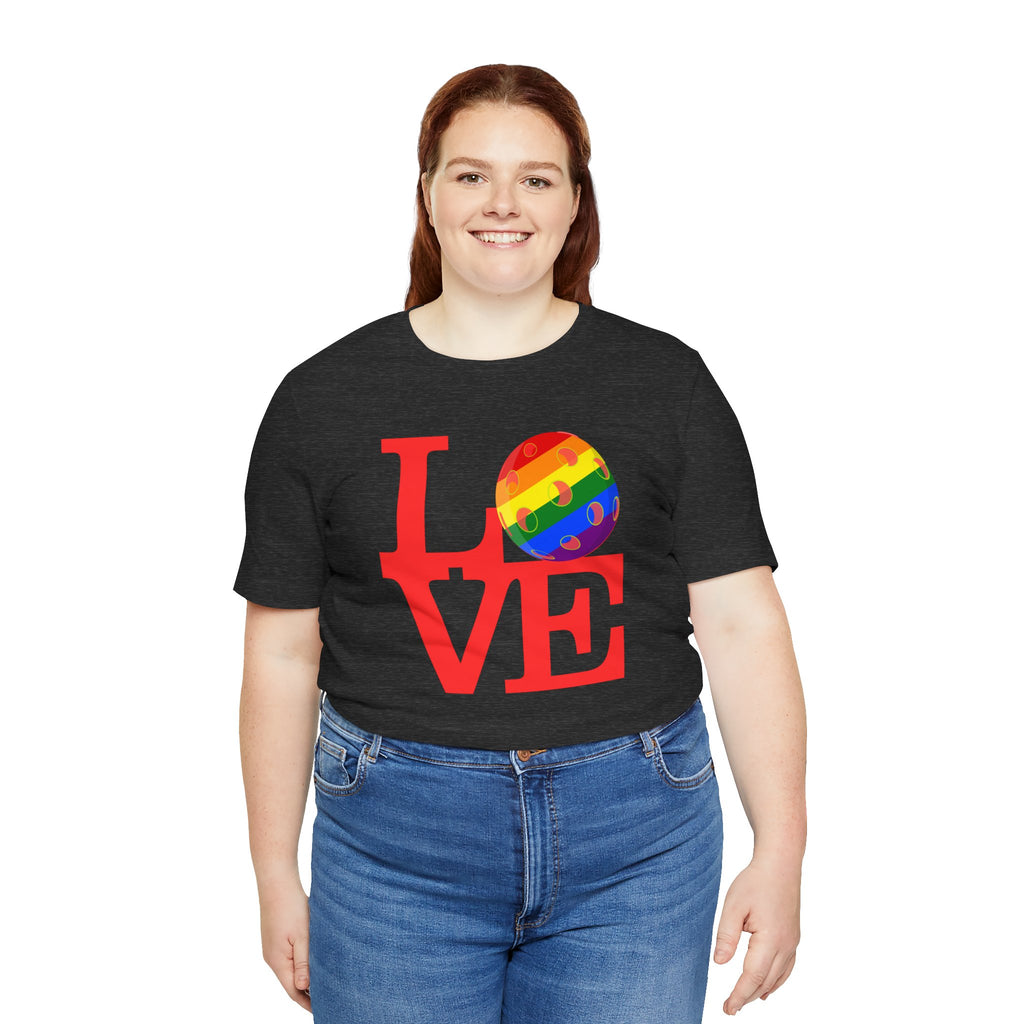 Rainbow LGBTQ2 Pride T-Shirt featuring the LOVE Pickleball logo, vibrant rainbow colors, and comfortable cotton fabric.