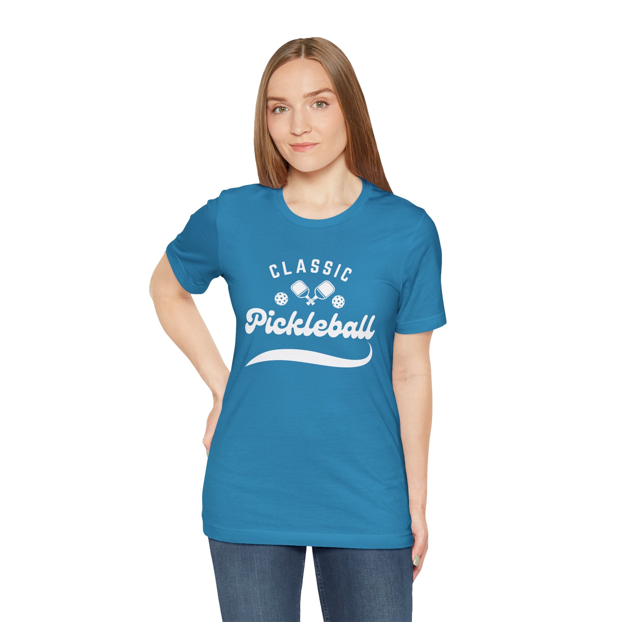 Black Classic Pickleball Tee with "Pickleball" script design, comfortable cotton T-shirt for pickleball enthusiasts.