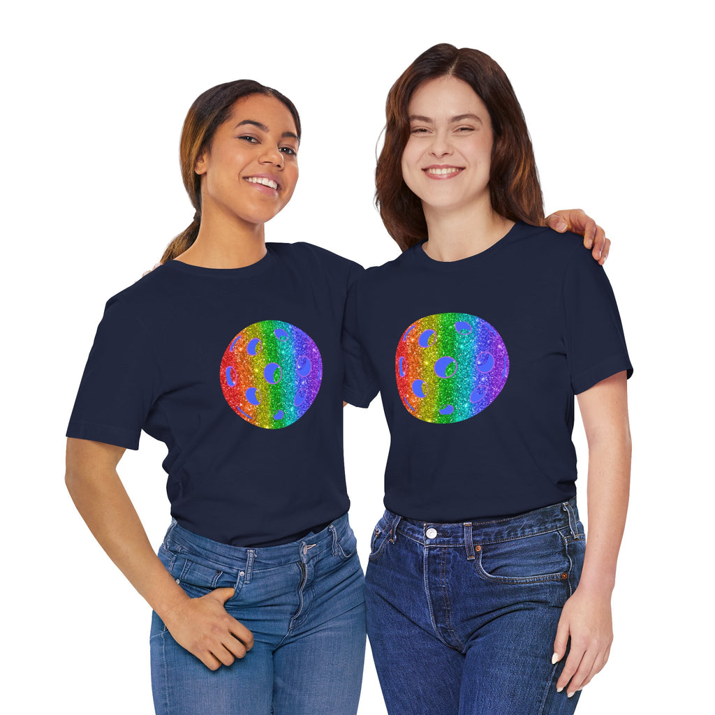 Rainbow glitter pickleball pride T-shirt featuring bold "Loud and Proud" text, designed for pride and pickleball enthusiasts.