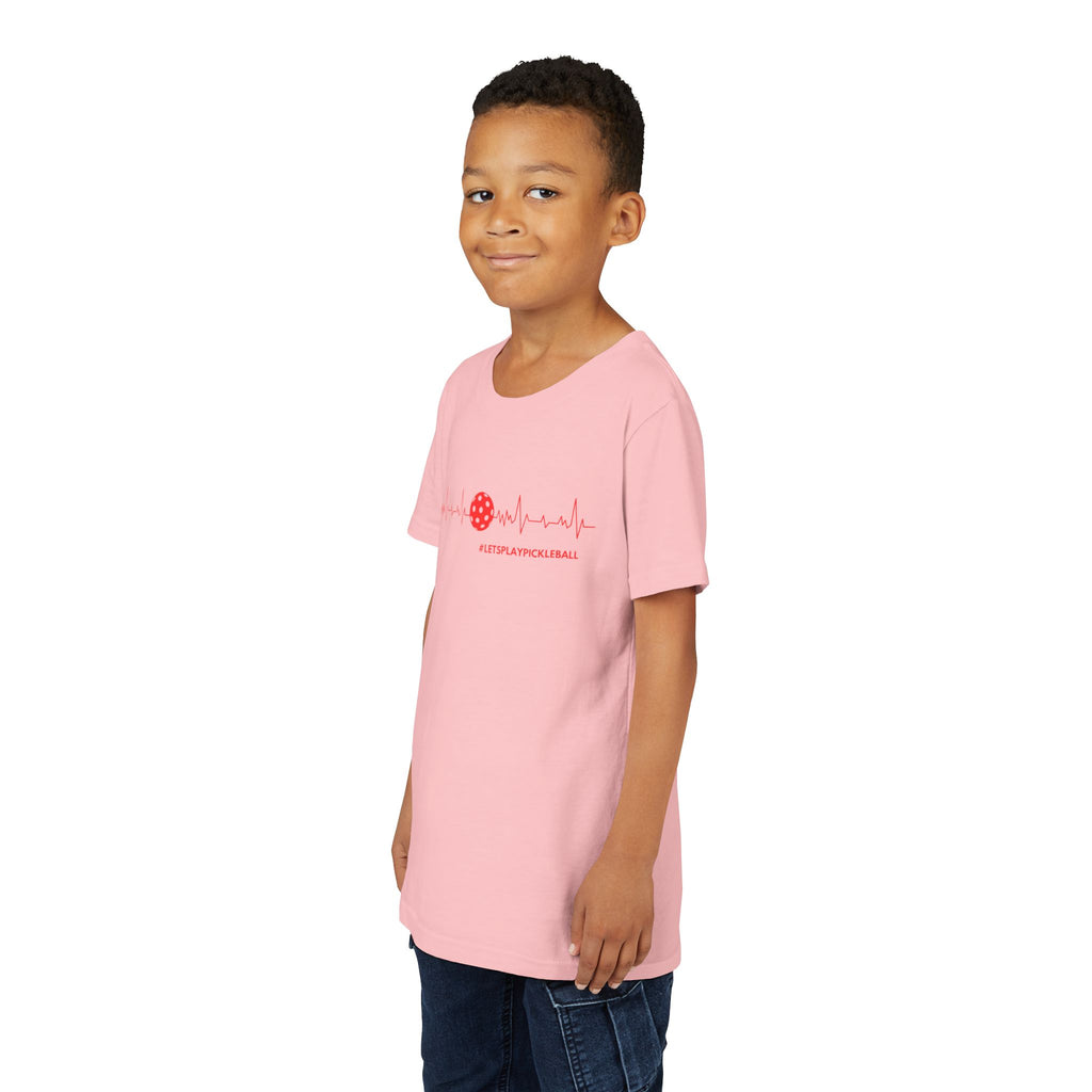 Kids' Youth Pickleball Tee with heartbeat and LET'S PLAY PICKLEBALL print, colorful design, comfortable cotton fabric.