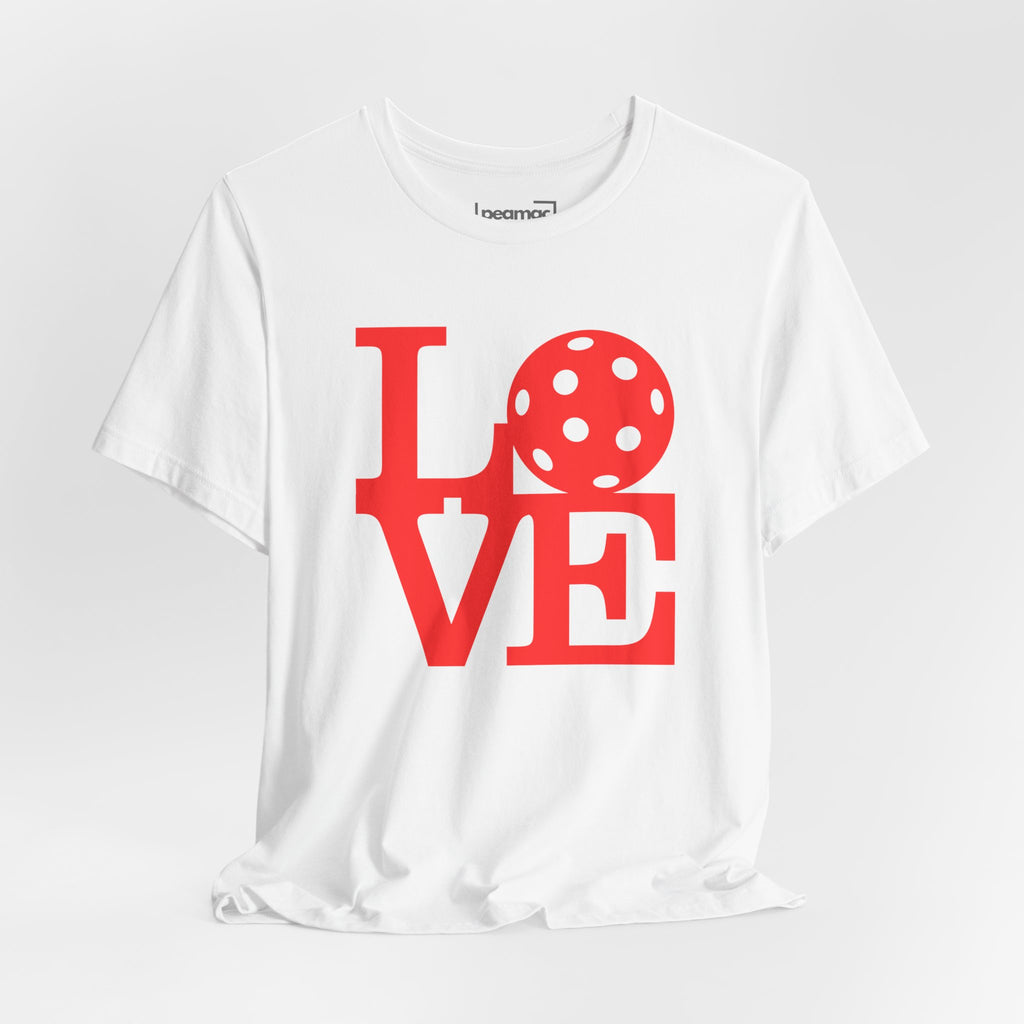 Red Pickleball graphic T-shirt by Printify featuring bold pop art design, casual fit, perfect for pickleball enthusiasts.