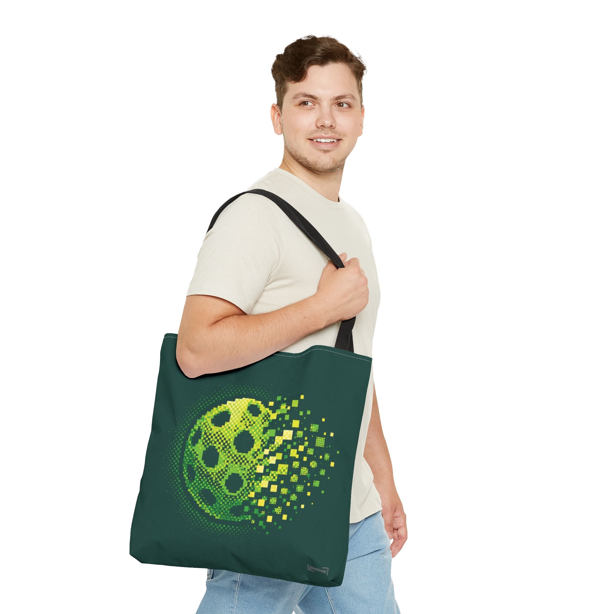 Green Pixelated Pickleball Tote Bag by Printify, 18x18 inches, featuring a digital smash design on durable bag material.