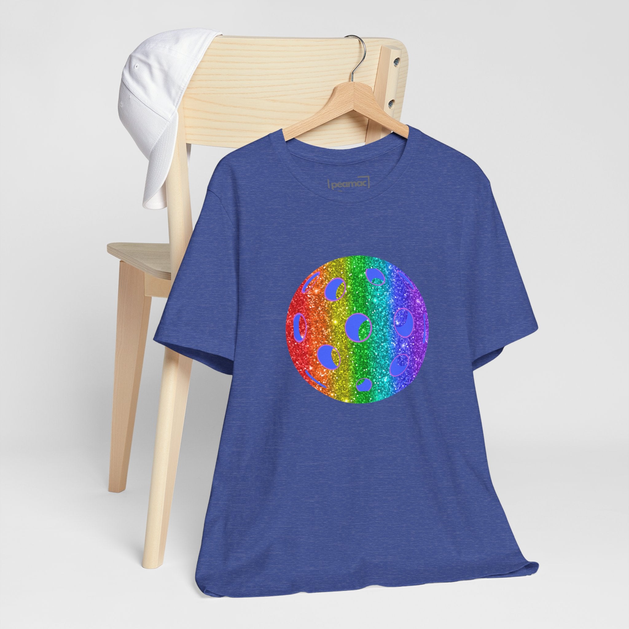 Rainbow glitter pickleball pride T-shirt by Printify featuring a colorful, sparkling design celebrating LGBTQ+ pride and pickleball.