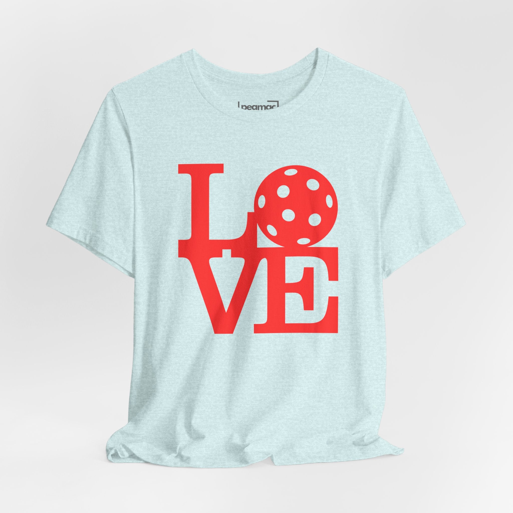 Red LOVE Pickleball graphic T-shirt by Printify featuring bold pop art design, casual fit, perfect for pickleball enthusiasts.