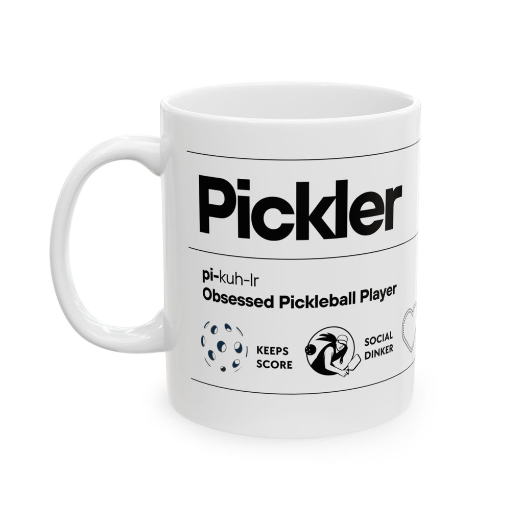 Funny Pickler Definition coffee mug by Printify, ceramic women's pickleball mug in 11oz or 15oz size, with colorful pickleball design.