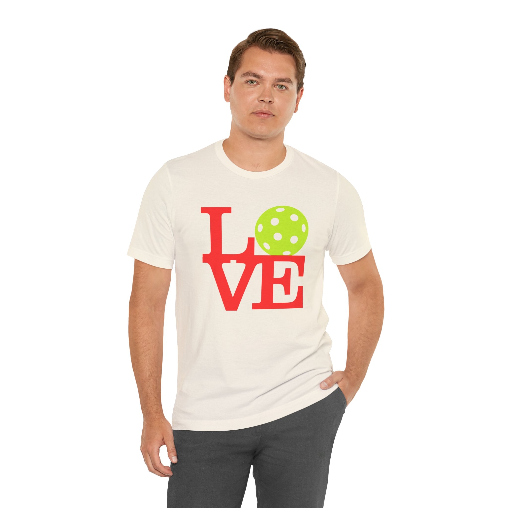 Neon pop art love pickleball T-shirt by Printify featuring bold colorful design on a premium cotton tee.