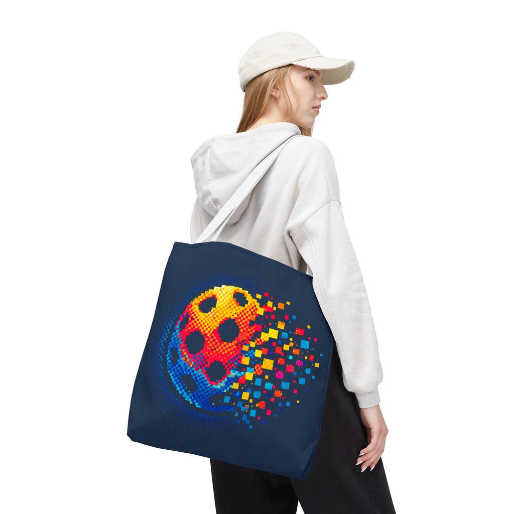 Matrix Burst Pickleball Large Navy Tote Bag — Retro Digital Pickleball Design
