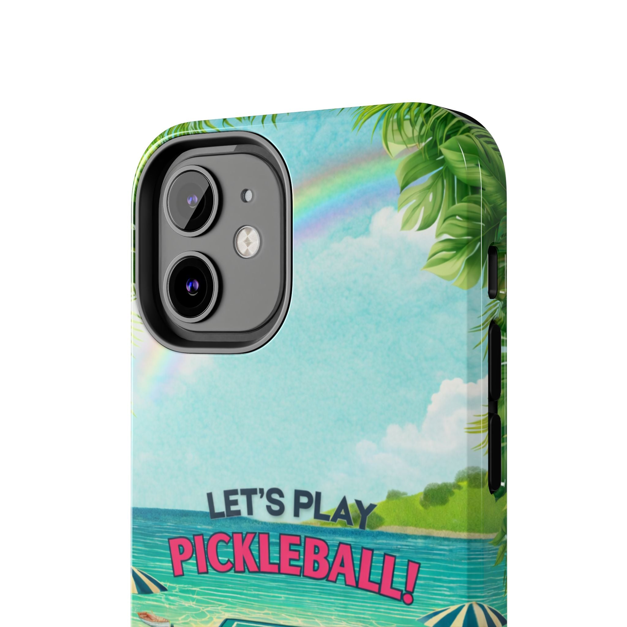 Let's Play Pickleball tropical phone case by Printify, featuring a beach court design, protective cover for smartphones
