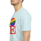 Rainbow LOVE Pickleball Pride T-Shirt by Printify featuring colorful LGBTQ2 support design on a casual cotton tee.