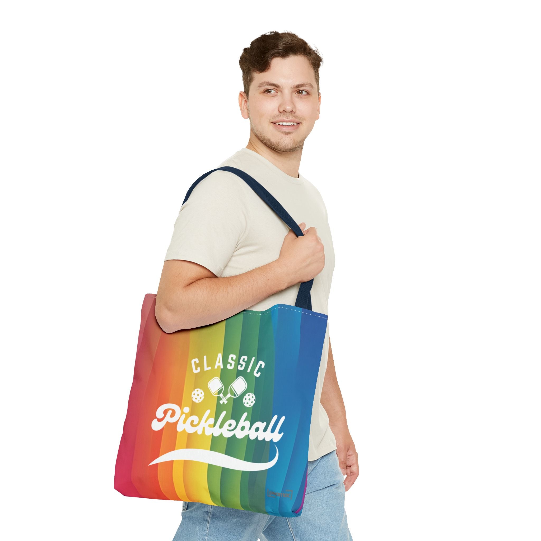 Colorful Pickleball Classic Rainbow Tote Bag with crossed paddles and script design, made by Printify.