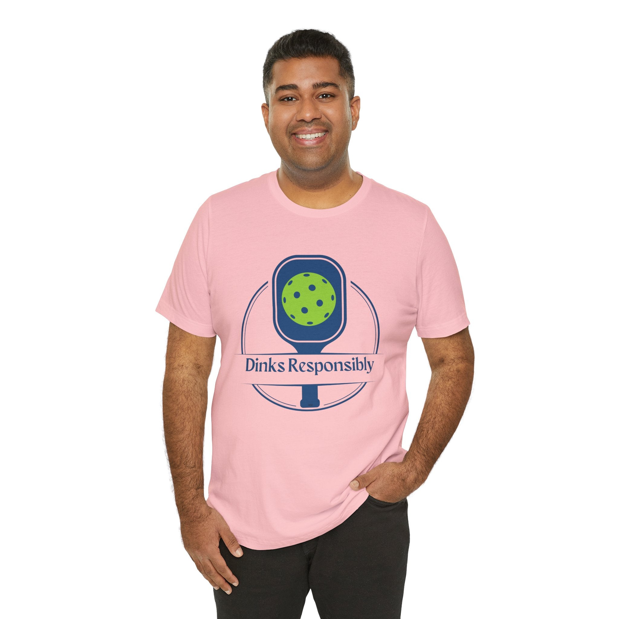 Dinks Responsibly Pickleball T-shirt with paddle and ball graphic, humorous pickleball shirt by Printify.