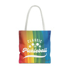 Rainbow tote bag with crossed pickleball paddles and script design, classic printify bag for pickleball enthusiasts.