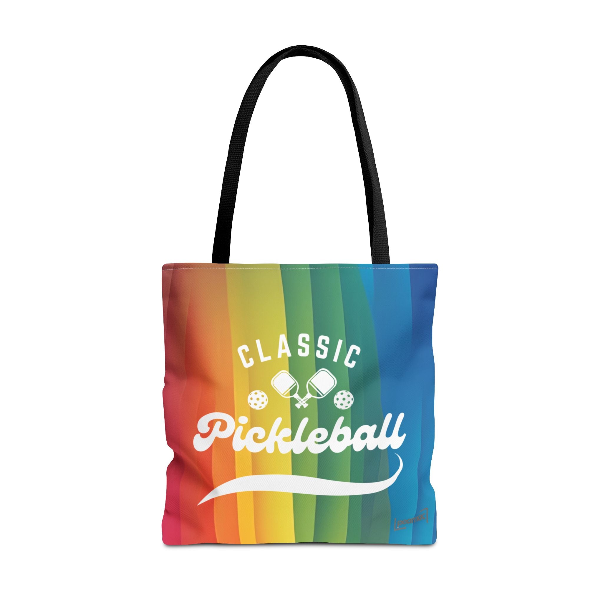 Colorful rainbow tote bag with crossed pickleball paddles and script design, perfect for carrying sports gear or everyday essentials.