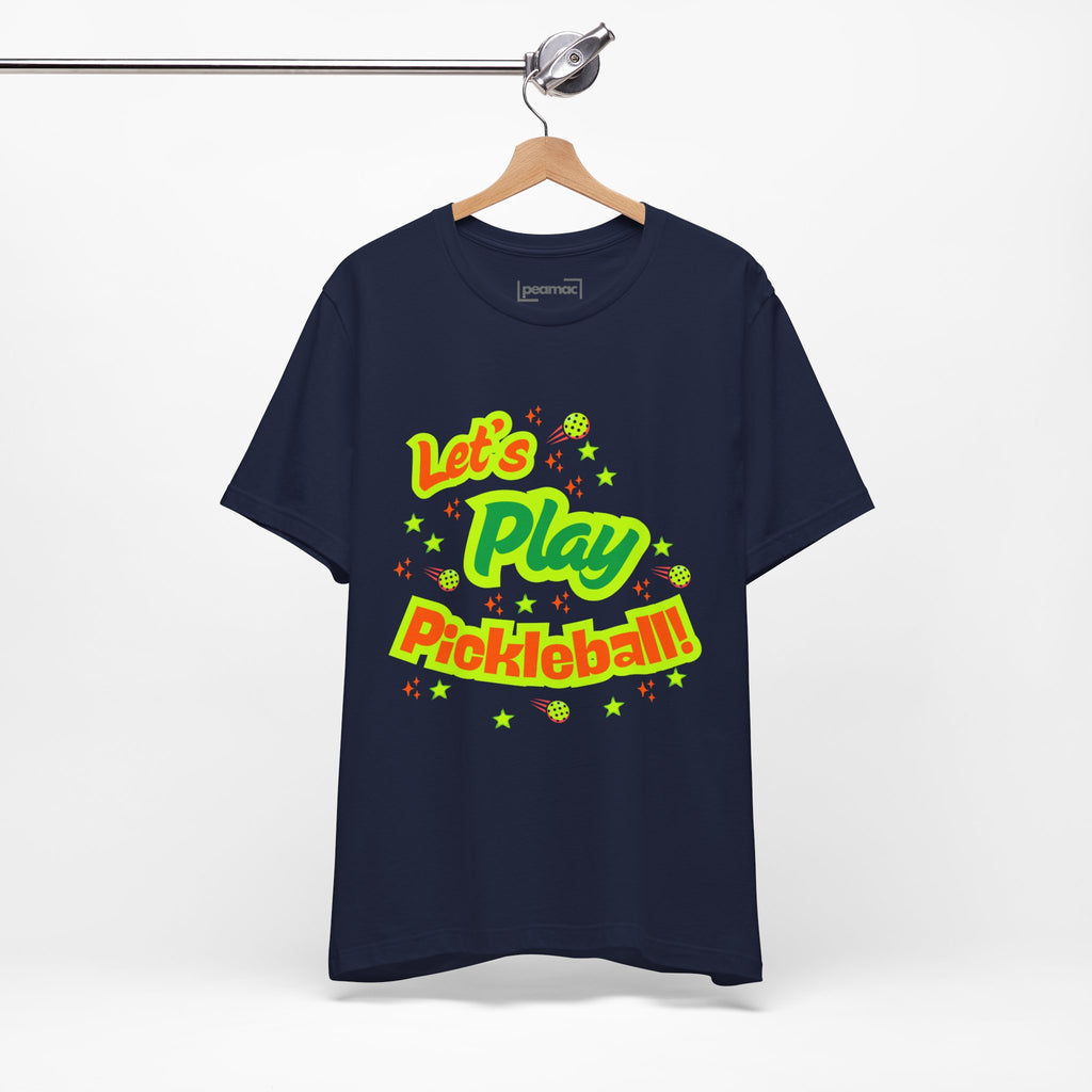 Neon orange and electric green Pickleball Rally T-Shirt with court graphic, casual fit, by Printify.