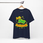 Neon orange and electric green pickleball rally T-shirt with court graphic from Printify, casual athletic wear for sports enthusiasts.