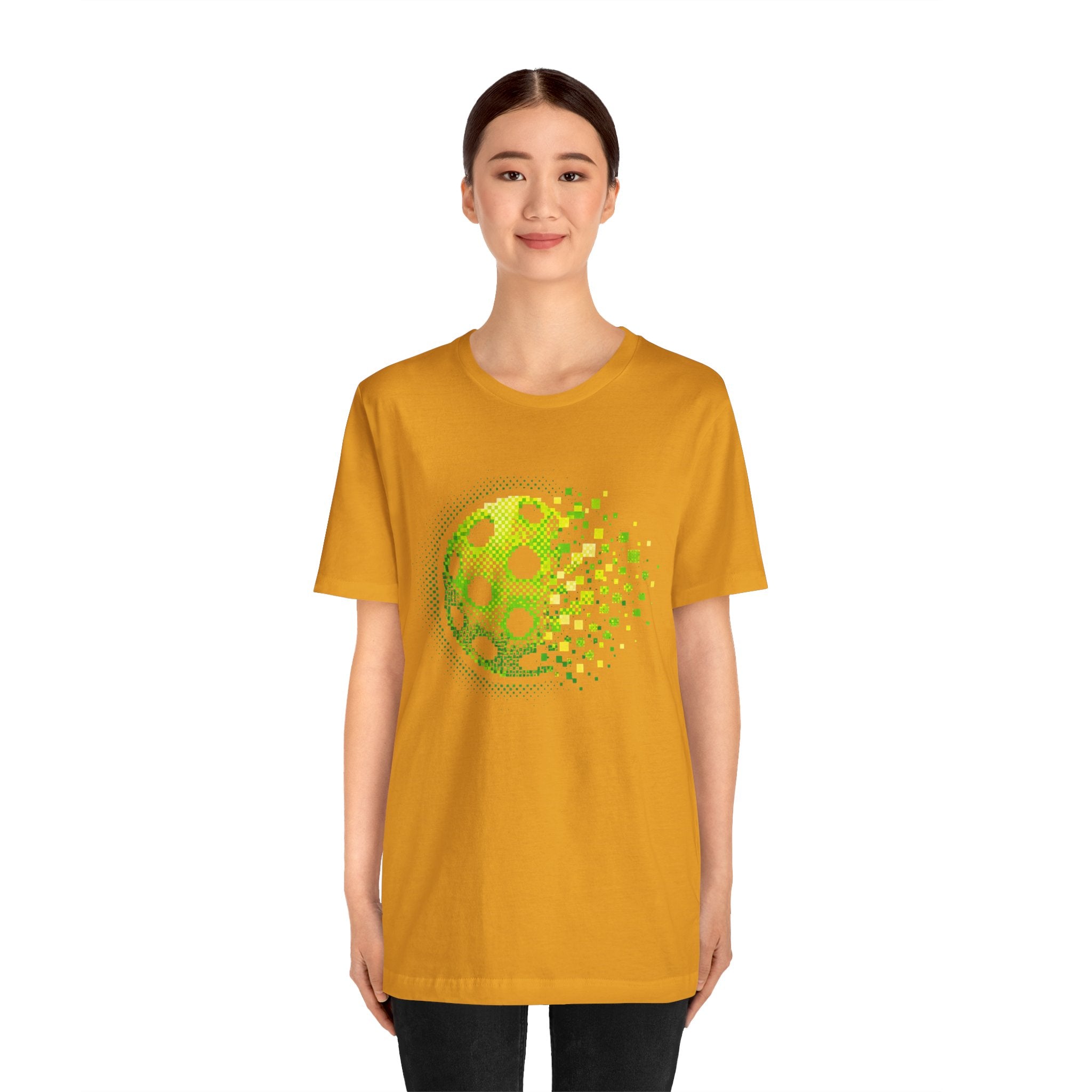 Green Pixelated Pickleball Tee with retro court graphic, casual T-shirt by Printify, featuring vibrant pickleball design.