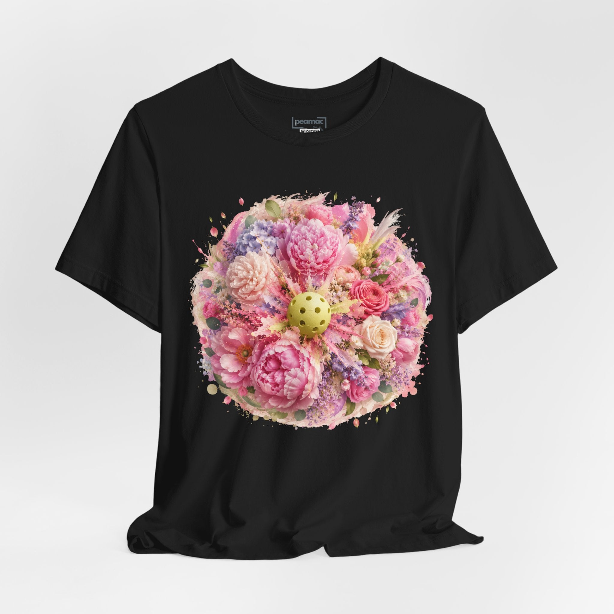Peony Pickleball Tee by Printify, unisex cotton T-shirt featuring a colorful peony design on a casual, comfortable shirt.