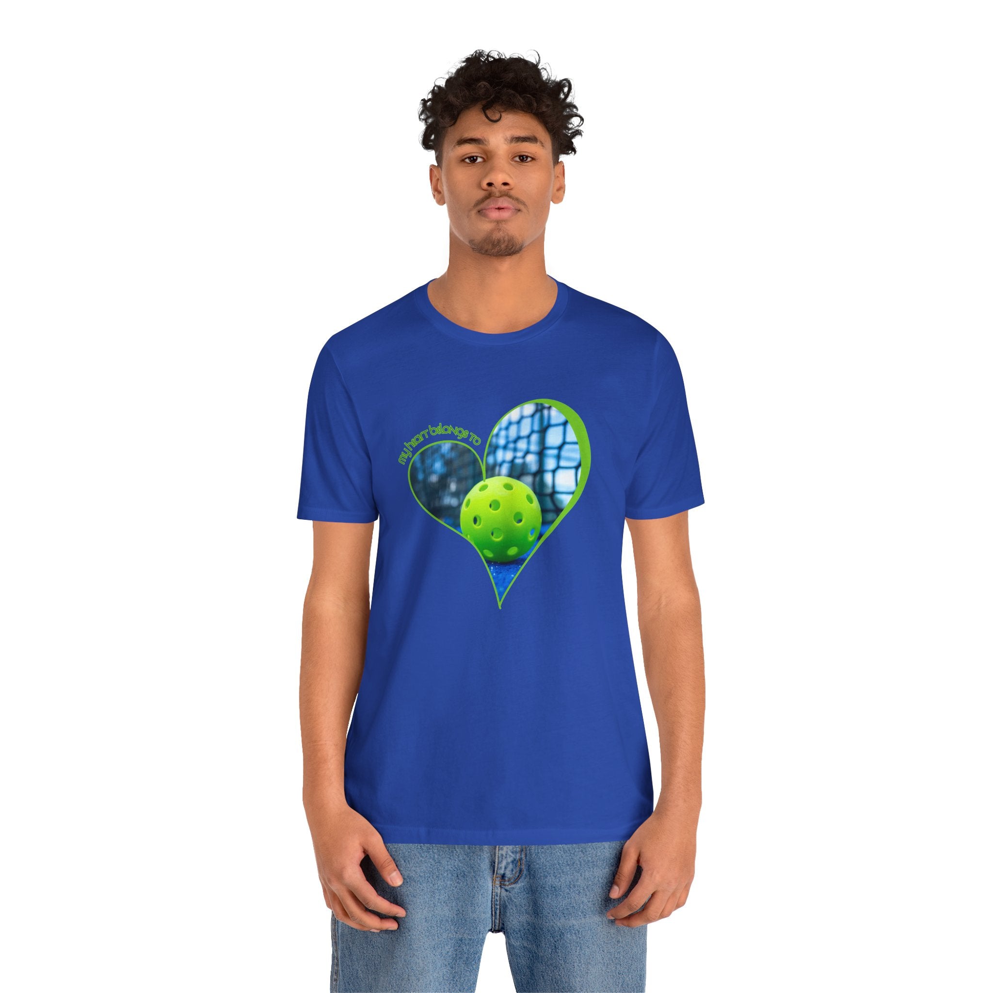White pickleball T-shirt with "My Heart Belongs to Pickleball" print, ideal for players and fans, by Printify.