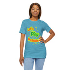 Neon orange and electric green pickleball rally T-shirt with court graphic, casual fit, by Printify, perfect for pickleball enthusiasts.