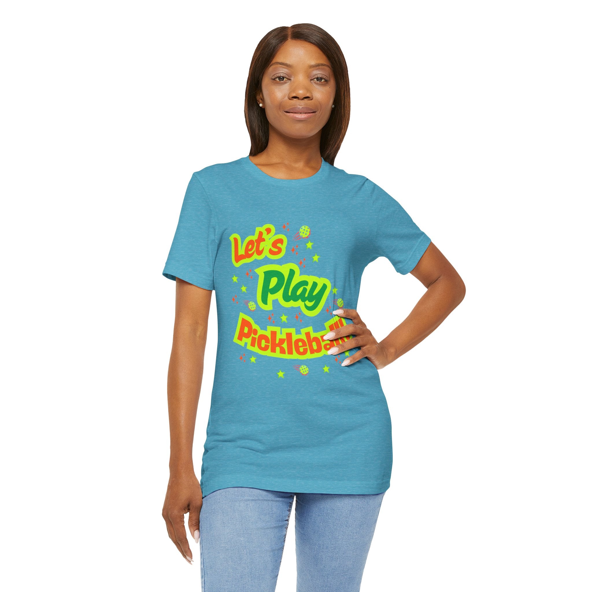 Neon orange and electric green Pickleball Rally T-Shirt with court graphic, casual athletic wear by Printify.