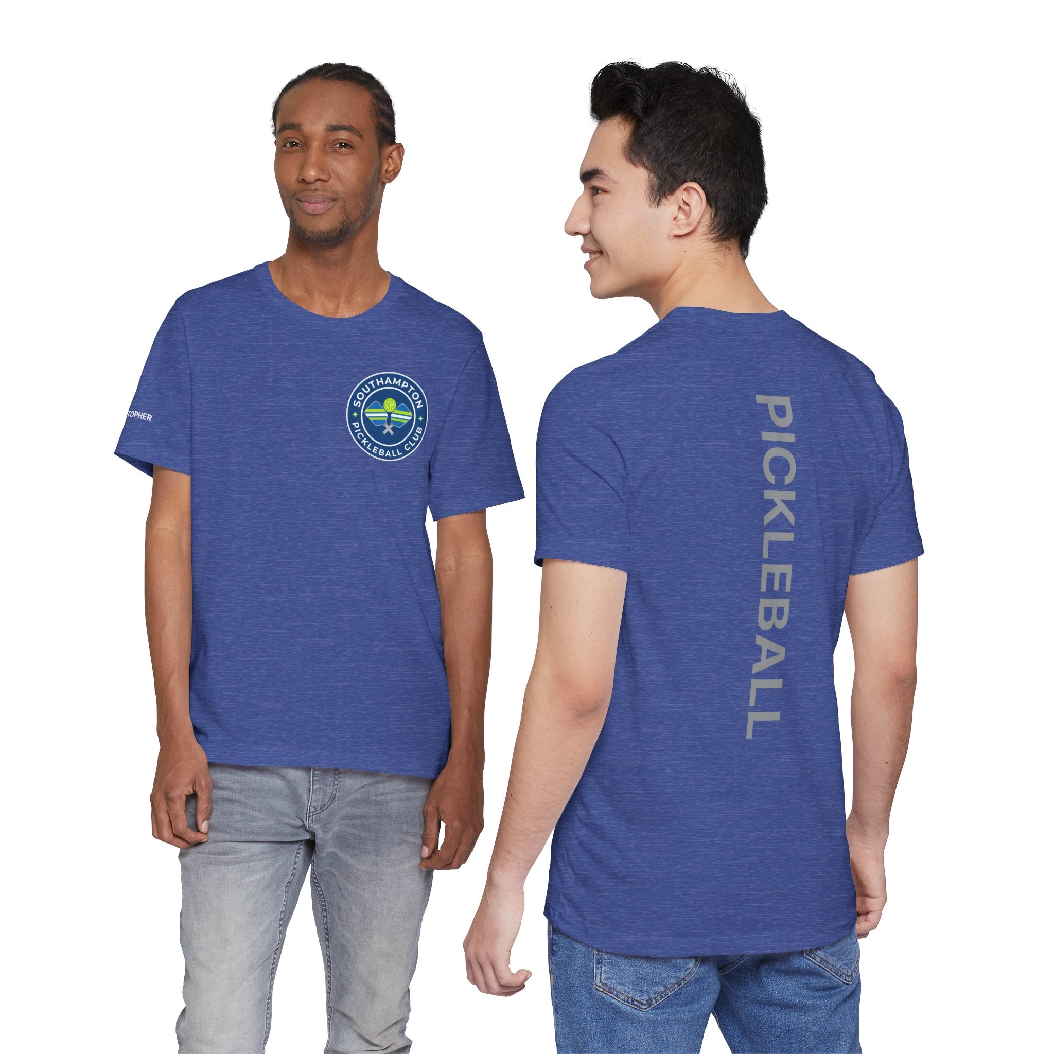 Personalized pickleball T-shirt with custom name sleeve and club logo on the back, featuring a pickleball graphic in the center.